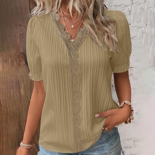 Women Summer Lace V Neck Plain Lace Elegant Shirt Fashion Solid Elegant Blouse Short Womens Tan Tops and