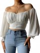 Womens Elegant Off The Shoulder Puff Sleeve Blouse Summer Chiffon Slim Fit Party Crop Top Swing Tunics Women