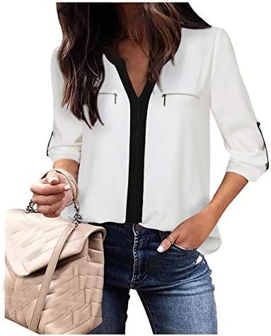 Women's Casaul 3/4 Sleeve Shirts Tops V Neck Chiffon Blouses