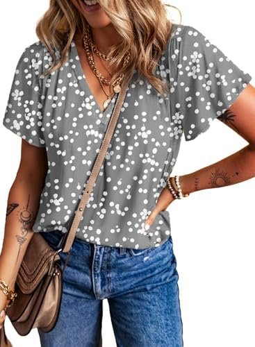 Womens Summer Tops Casual V Neck Floral Print Flutter Short Sleeve Chiffon Blouses Dressy Boho Tops Shirts