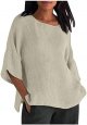 Womens Summer Tops Plus Size Cotton Linen Shirts Loose Fit 3/4 Sleeve Blouses Dressy Casual