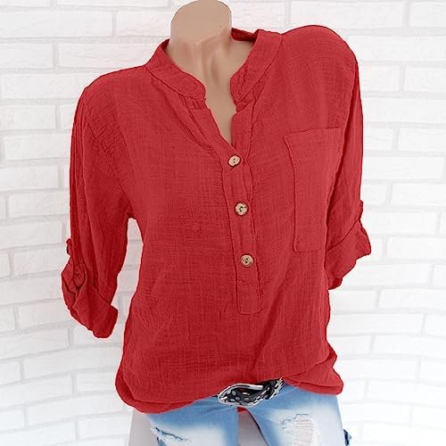 Women Casual Cotton Linen Tshirts Shirts Notch V Neck Button Down Shirts Blouses Rolled Up Long Sleeve Tops with Pocket