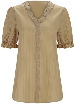 Women Summer Lace V Neck Plain Lace Elegant Shirt Fashion Solid Elegant Blouse Short Womens Tan Tops and