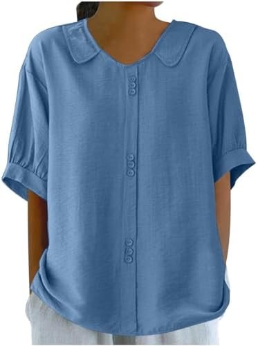 Women's Linen Tops Shirts Summer Casual Jacquard Tunic Blouse V Neck Button Down Tshirts Solid Color Tunic Tops