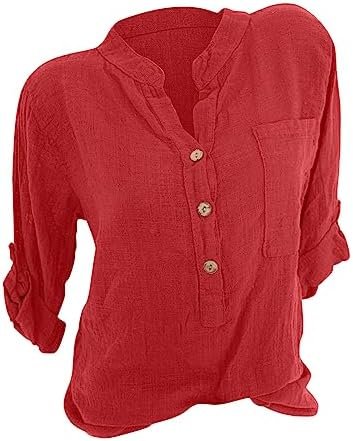 Women Casual Cotton Linen Tshirts Shirts Notch V Neck Button Down Shirts Blouses Rolled Up Long Sleeve Tops with Pocket