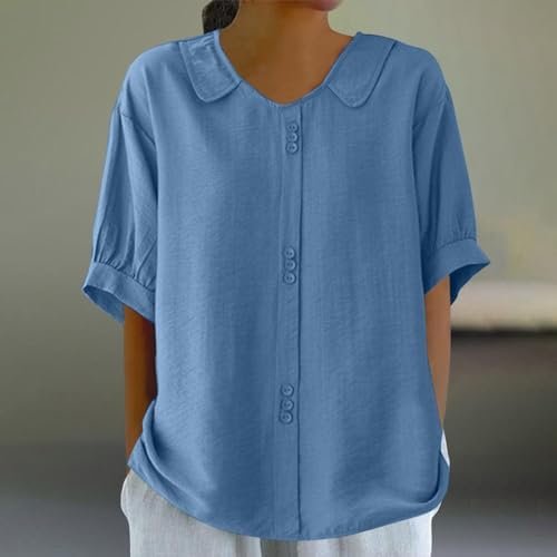 Women's Linen Tops Shirts Summer Casual Jacquard Tunic Blouse V Neck Button Down Tshirts Solid Color Tunic Tops