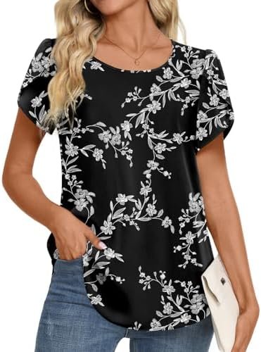 Women Summer Tops Casual Short Sleeve Tunics Blouse for Leggings Chiffon Shirts Soft Comfy T-Shirt