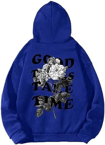 Oversized Hoodie for Men Good Things Take Time & Rose Shape Print Pullover Tops Drop Shoulder Comfy Oversize Fashion Graphic