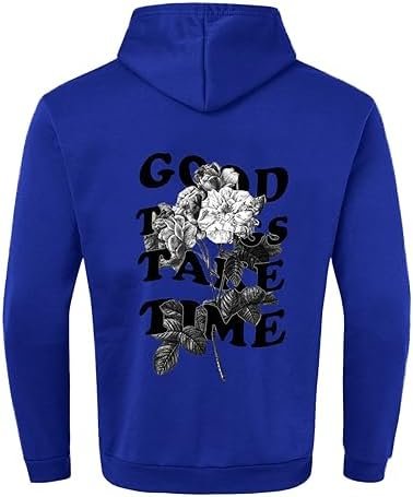 Oversized Hoodie for Men Good Things Take Time & Rose Shape Print Pullover Tops Drop Shoulder Comfy Oversize Fashion Graphic